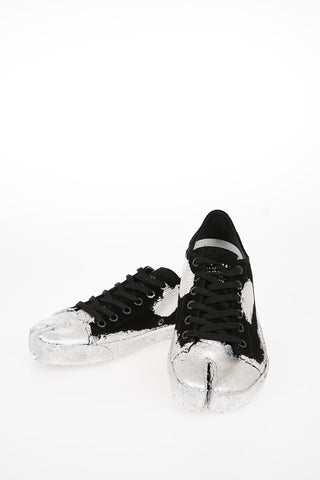 MM22 Suede Leather TABI Sneakers with SilverLaminated Embellished