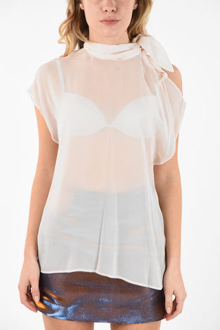 MM6 Asymmetrical Sheer Top With Tie Neck