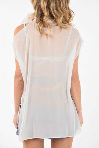 MM6 Asymmetrical Sheer Top With Tie Neck