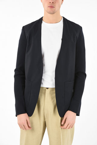 MM10 CONTRAST RIB KNIT FABRIC COLLARLESS JACKET