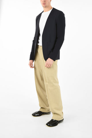 MM10 CONTRAST RIB KNIT FABRIC COLLARLESS JACKET