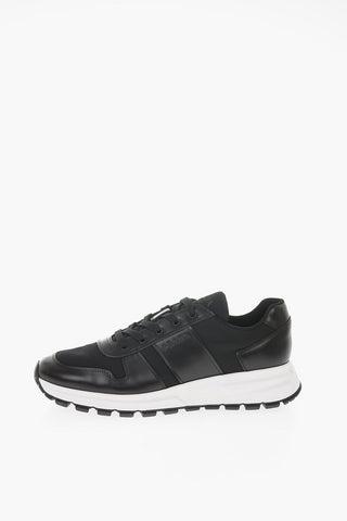 Textile Low Sneakers with Brushed Leather Detaisl