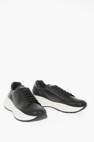 Leather Low Sneakers with Contrasting Sole