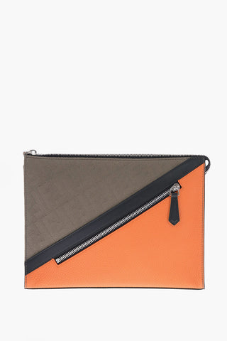 Leather and Monogram Canvas Clutch with Outer Pocket 