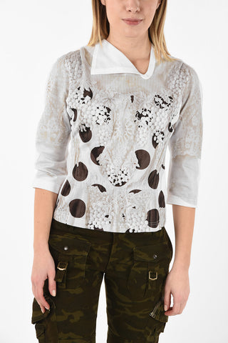 ¾ Sleeve Printed T-shirt Asymmetrical Collar