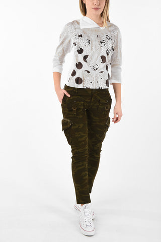 ¾ Sleeve Printed T-shirt Asymmetrical Collar