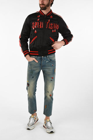 Embroidered FAKE SPIRITISMO Bomber with Rhinestone