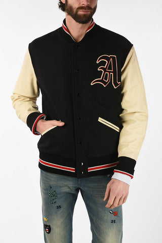 Wool Varsity Bomber with Leather Sleeves