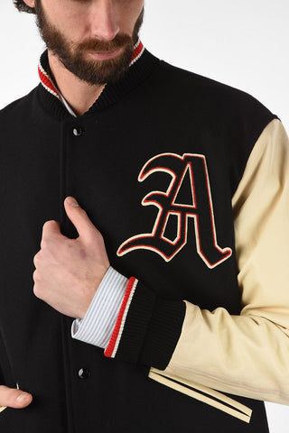 Wool Varsity Bomber with Leather Sleeves