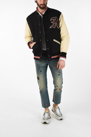 Wool Varsity Bomber with Leather Sleeves