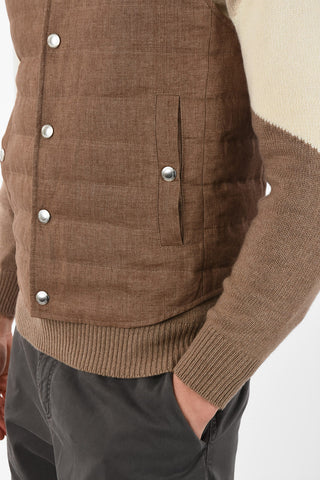 Linen Sleeveless Down Jacket with Snap Button Closure