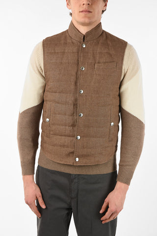 Linen Sleeveless Down Jacket with Snap Button Closure