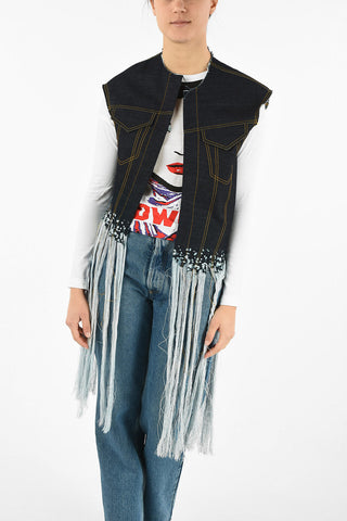 Denim Sleeveless Jacket with Fringes