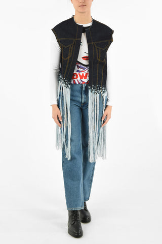 Denim Sleeveless Jacket with Fringes