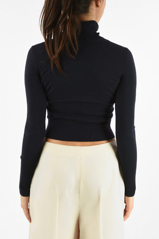Stretchy Wool Turtleneck Crop Sweater