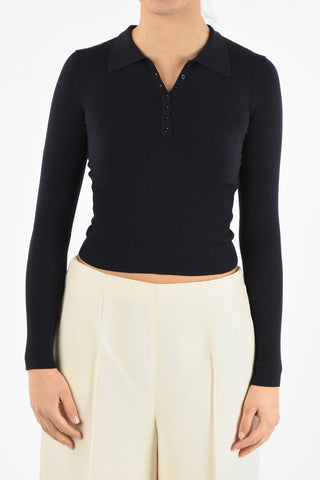 Stretchy Wool Crop Sweater with Polo Collar