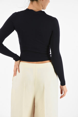 Stretchy Wool Crop Sweater with Polo Collar