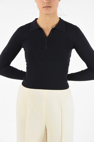 Stretchy Wool Crop Sweater with Polo Collar