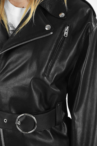 MM1 GIUBBOTTO BIKER CROP IN PELLE CON CINTURA