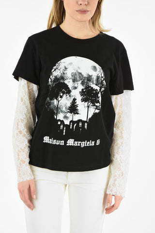 MM6 PRINTED T-SHIRT FEATURING LACE SLEEVES