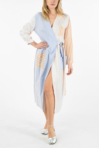 MM6 SPLIT-BACK HEM STRIPED MAXI WRAP DRESS WITH SATIN DETAILS