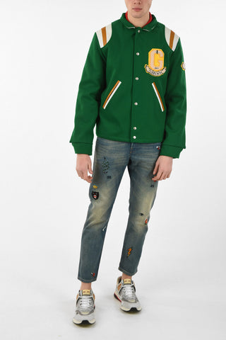 wool varsity jacket with Leather Details