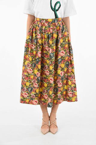 Floral Printed Cotton Skirt With Jetted Pockets