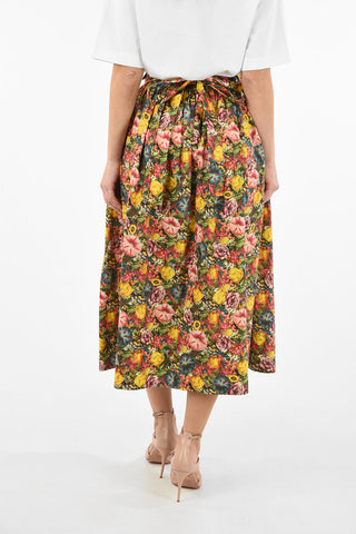 Floral Printed Cotton Skirt With Jetted Pockets