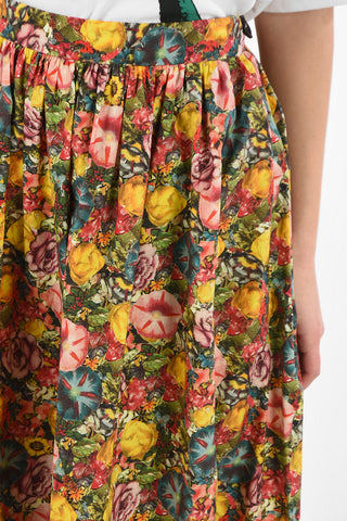 Floral Printed Cotton Skirt With Jetted Pockets