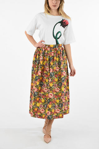 Floral Printed Cotton Skirt With Jetted Pockets