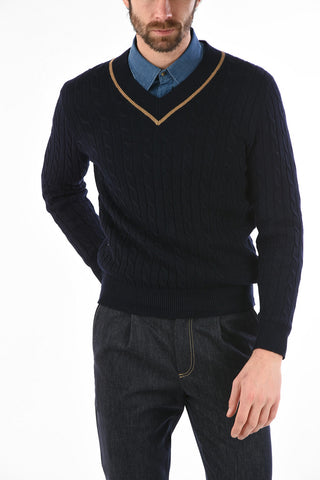 Linen and Cotton Cable-Knit Sweater with V-Neck