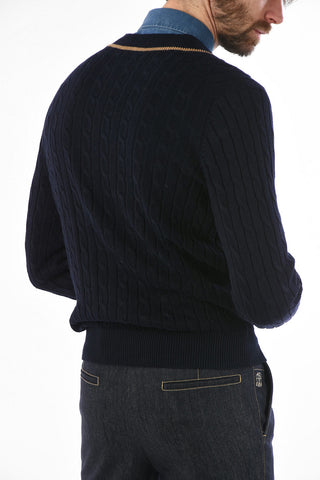 Linen and Cotton Cable-Knit Sweater with V-Neck