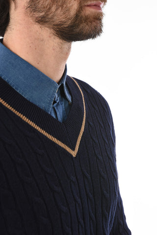 Linen and Cotton Cable-Knit Sweater with V-Neck