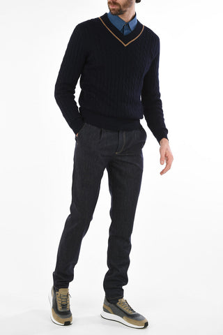 Linen and Cotton Cable-Knit Sweater with V-Neck