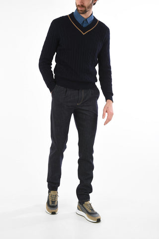 Linen and Cotton Cable-Knit Sweater with V-Neck