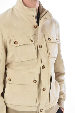 Suede Multi-Pocket Jacket with Zip and Button Closure