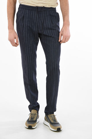 ZZEGNA Linen and Wool Pencil Stripe Pants with Drawstring Closure