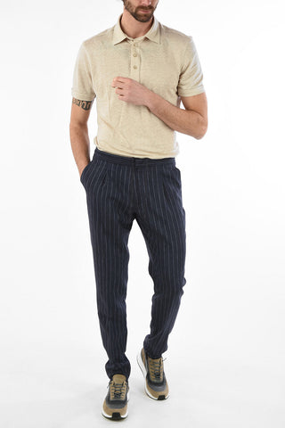 ZZEGNA Linen and Wool Pencil Stripe Pants with Drawstring Closure