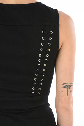 Full Zip denim mini R-VEST bodycon dress with Lace-up Detail