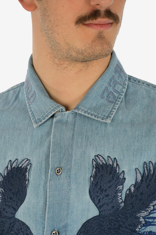 Embroidered Denim D-RASHI Shirt with Short Sleeve