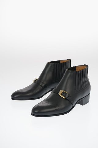 Leather Pull-On Ankle Boots with Monogram Brogue