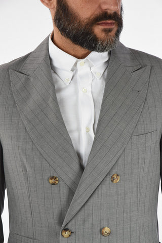 Double-Breasted Pencil Striped Suit with Peaked Lapel