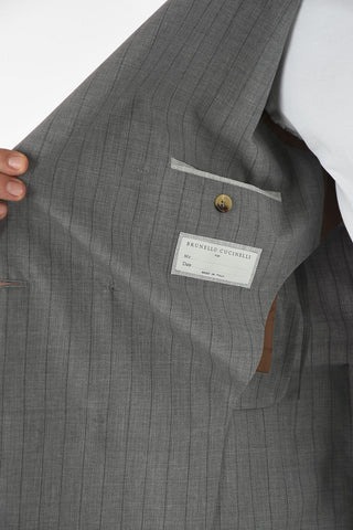 Double-Breasted Pencil Striped Suit with Peaked Lapel