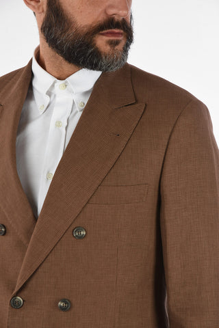 Double-Breasted Houndstooth Blazer with Peaked Lapel