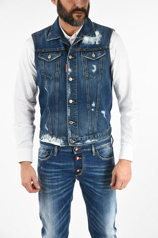 Distressed Details Sleeveless Denim Jacket