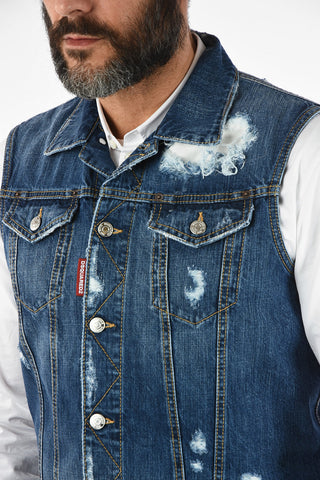 Distressed Details Sleeveless Denim Jacket