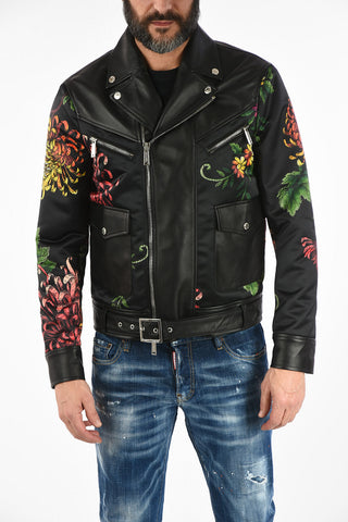 Floral-Print Biker Jacket with Leather Details