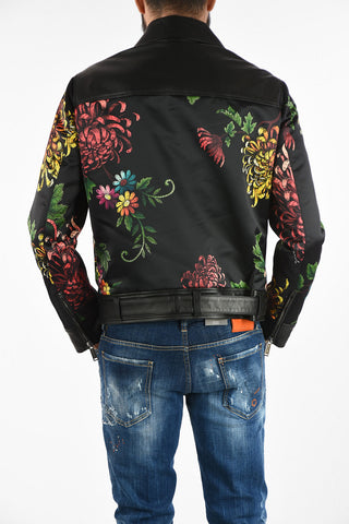 Floral-Print Biker Jacket with Leather Details