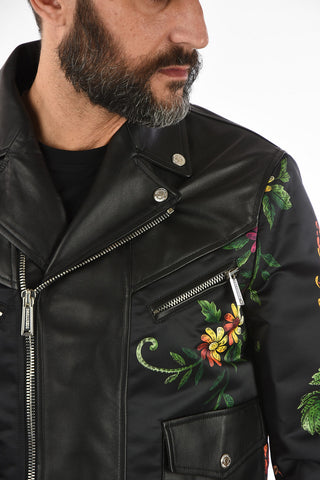 Floral-Print Biker Jacket with Leather Details