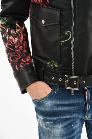 Floral-Print Biker Jacket with Leather Details